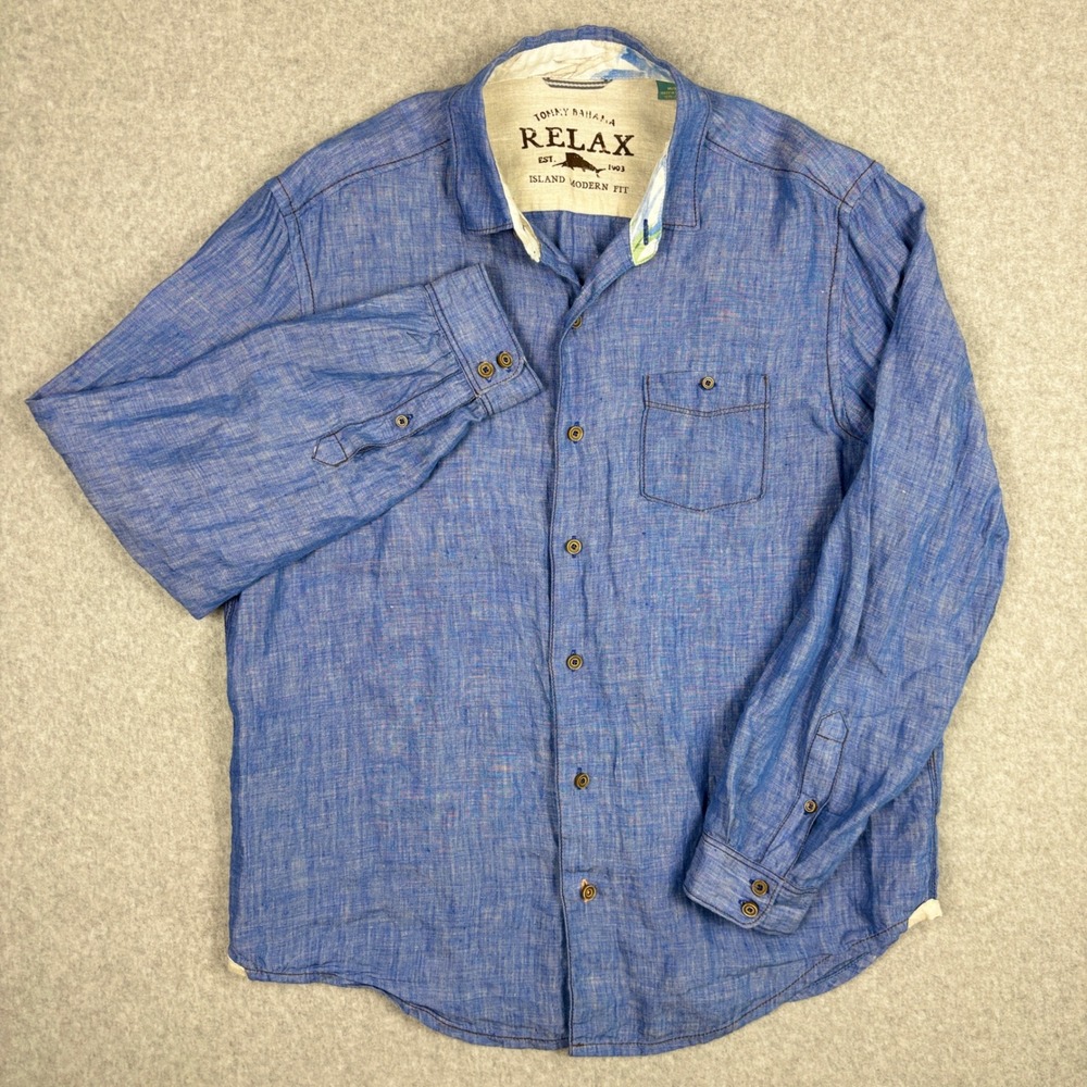 Tommy Bahama Relax 100% Linen Shirt Mens Medium Blue Island Modern Fit Button Up